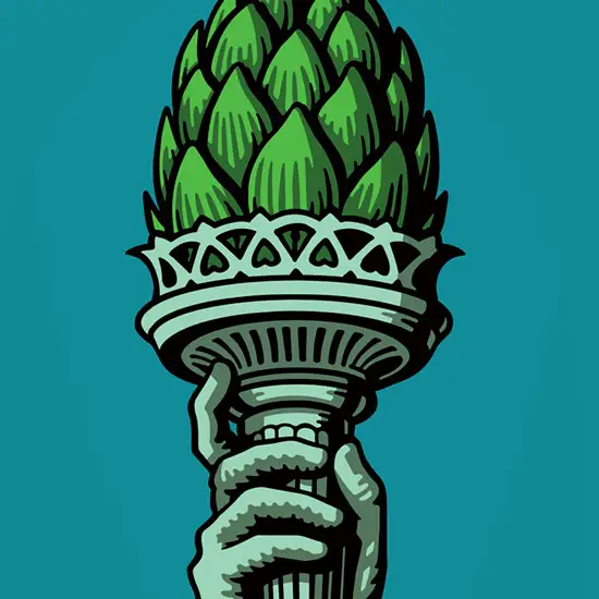 Close-up image detailing a portion of the Liberty Brewing brand refresh, illustrated by Blair Sayer.