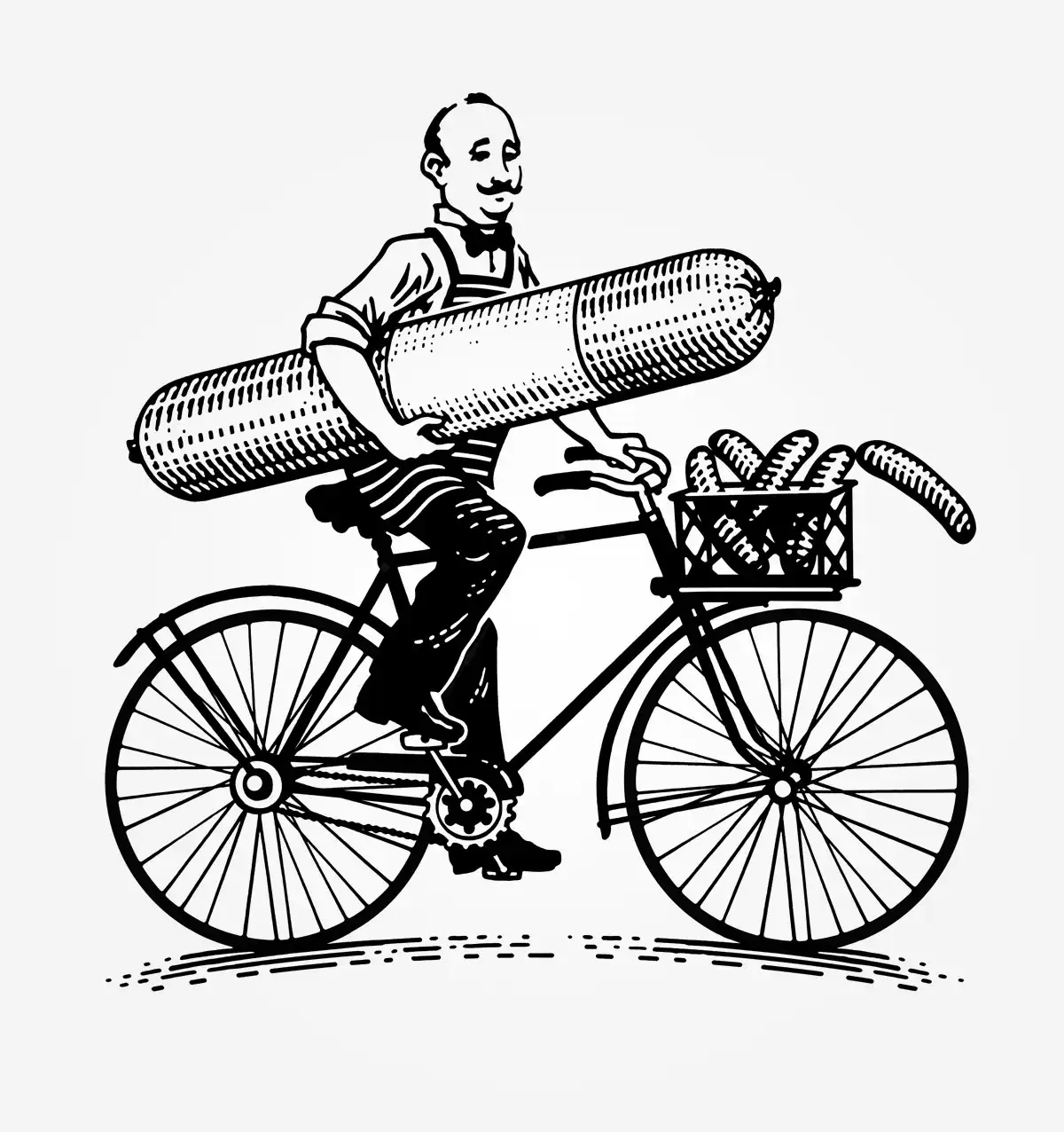 Black and white woodcut-style illustration by Blair Sayer featuring a butcher riding a bike with a giant salami.