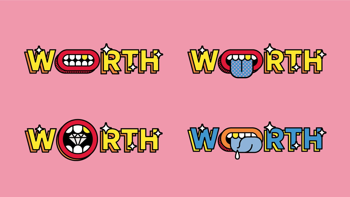 Concept exploration for vector illustration of the word 'Worth' created by David Way.