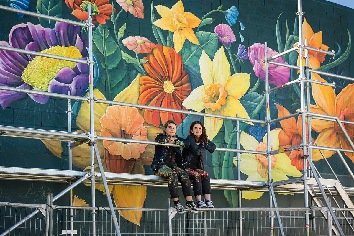 Mural of flowers by Zoe Gillett and Pippa Keel for Carterton District Council for the Daffodil festival.