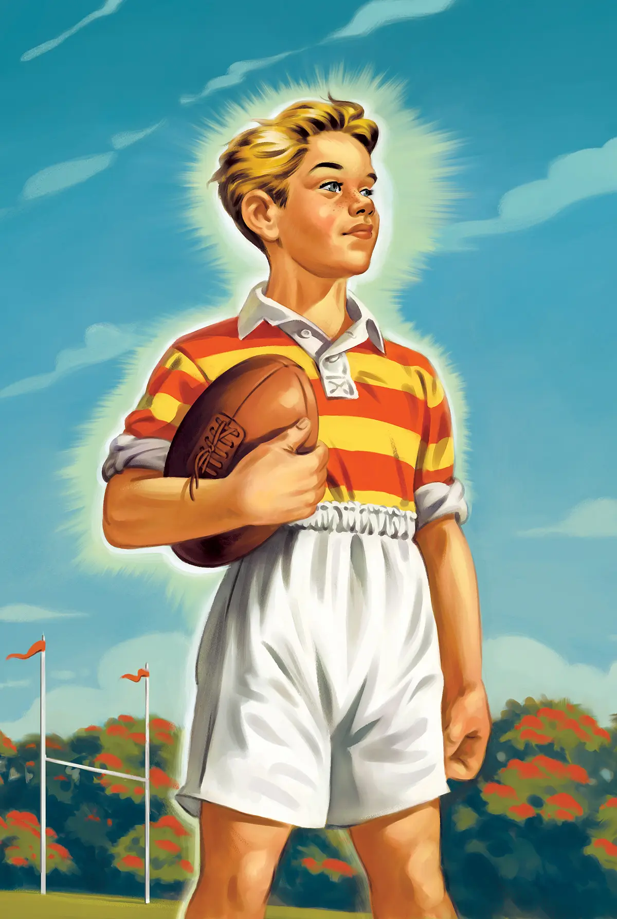 1950's Retro illustration of a young boy playing Rugby by Anton Petrov