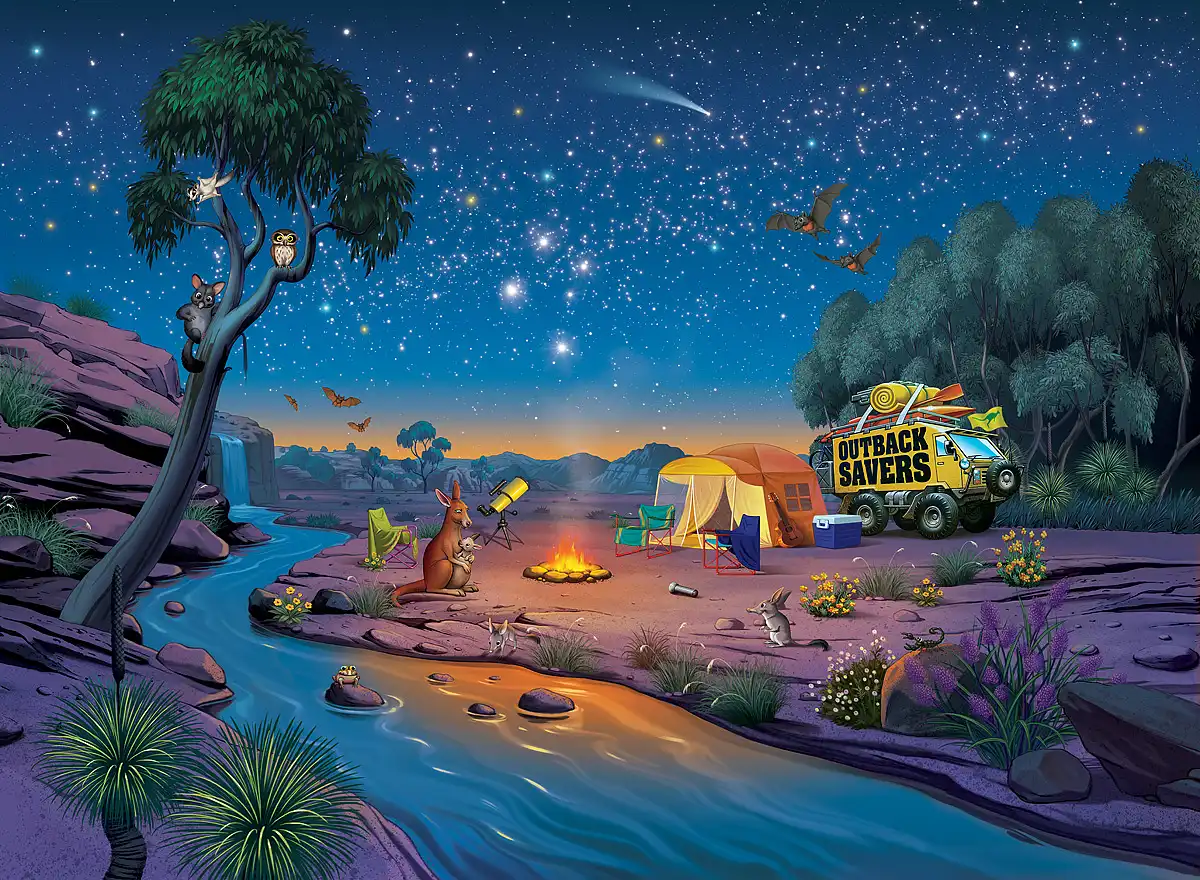 Illustration by Anton Petrov of the nightime Australian outback, for Commonwealth Bank.