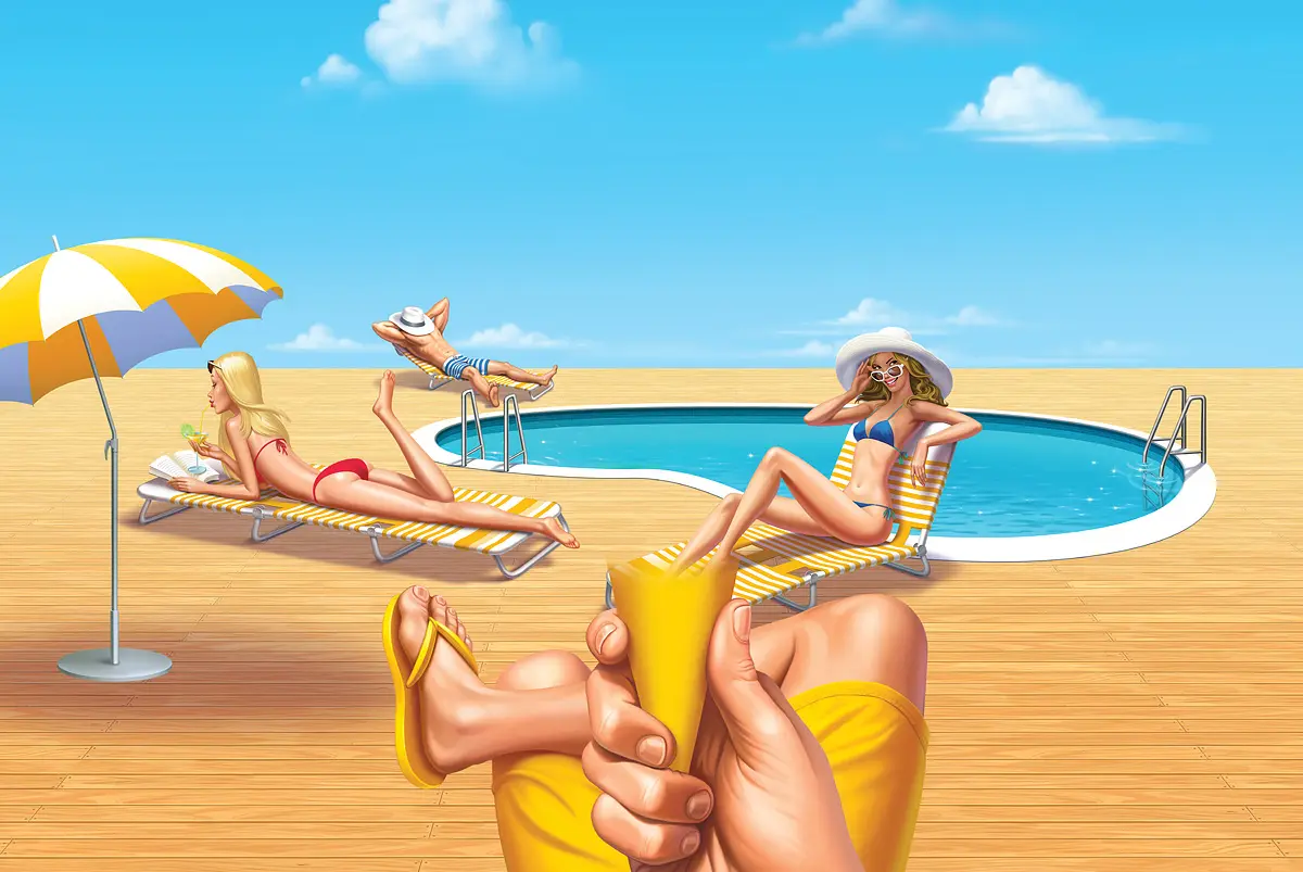 Retro illustration of teenagers enjoying the Summer holiday relaxing around the pool, by Anton Petrov