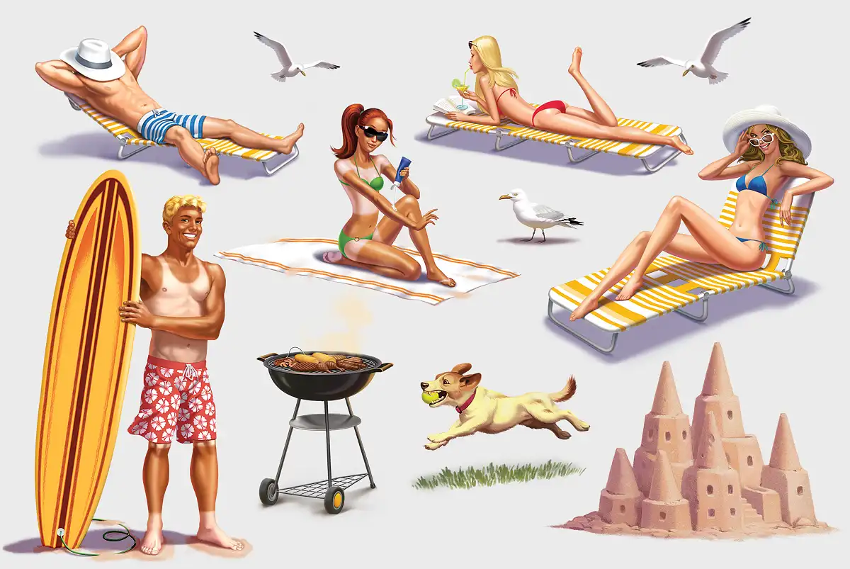 Retro Illustration of teenagers on Summer holiday relaxing, by Anton Petrov