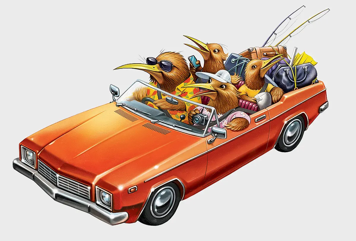 Illustration by illustrator Anton Petrov of animals driving a vintage car.