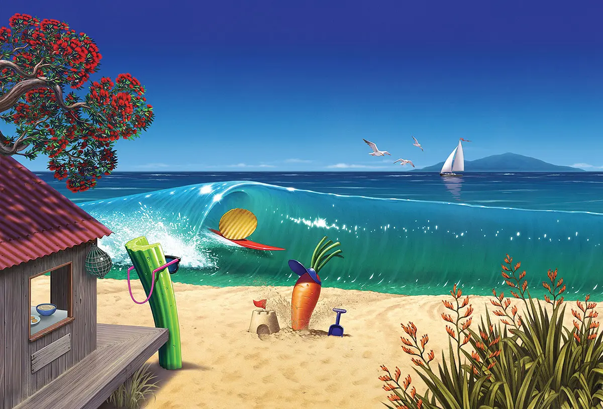 Conceptual Illustration by illustrator Anton Petrov of vegetables and a chip at a beach on a sunny day.