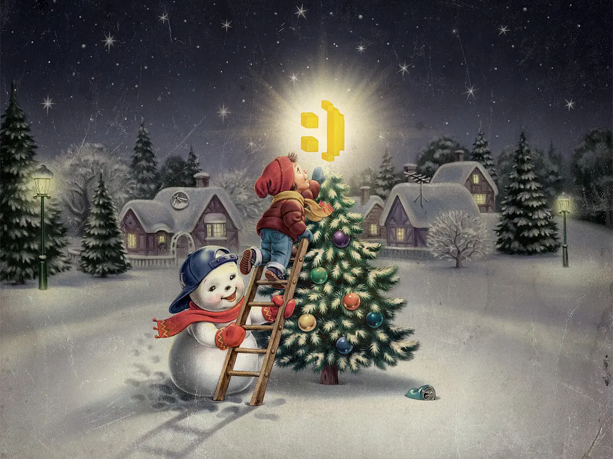 Illustration by illustrator Anton Petrov of a boy and a snowman by a christmas tree.