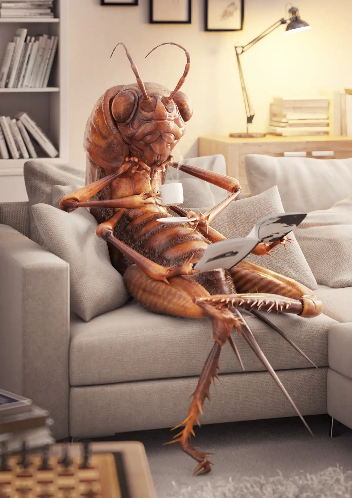 3D image by Courtney Hopkinson of a cockroach relaxing reading a book and having a coffee