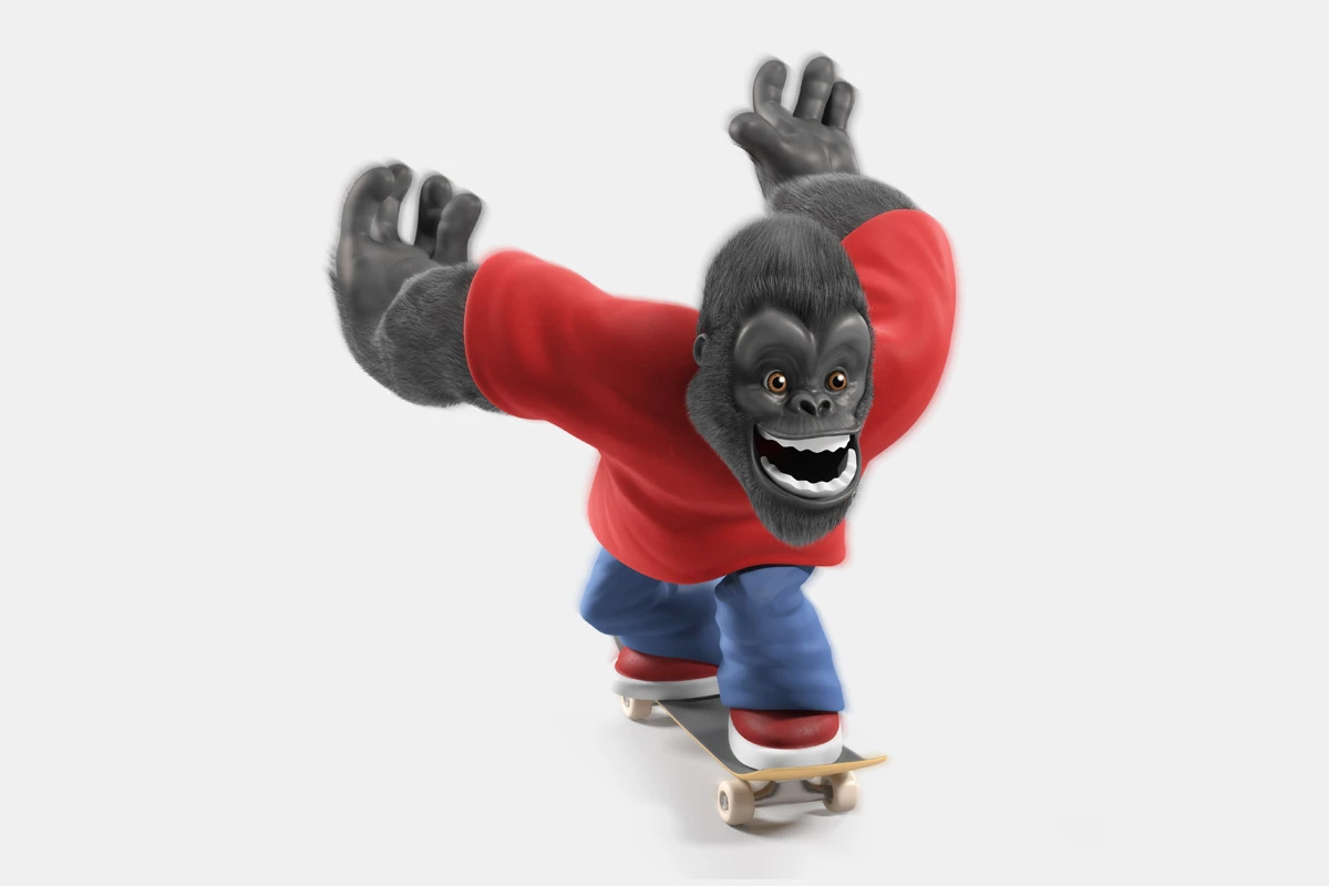 3D image by Courtney Hopkinson of an ecstatic Gorilla skateboarding