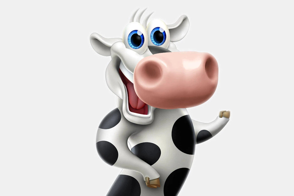 3D image by Courtney Hopkinson of a happy cow playing an air guitar