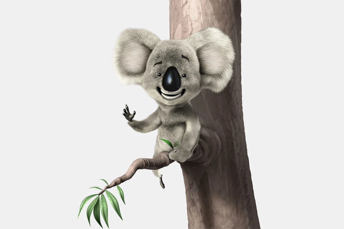 3D image by Courtney Hopkinson of a Koala munching gum leaves and waving hello