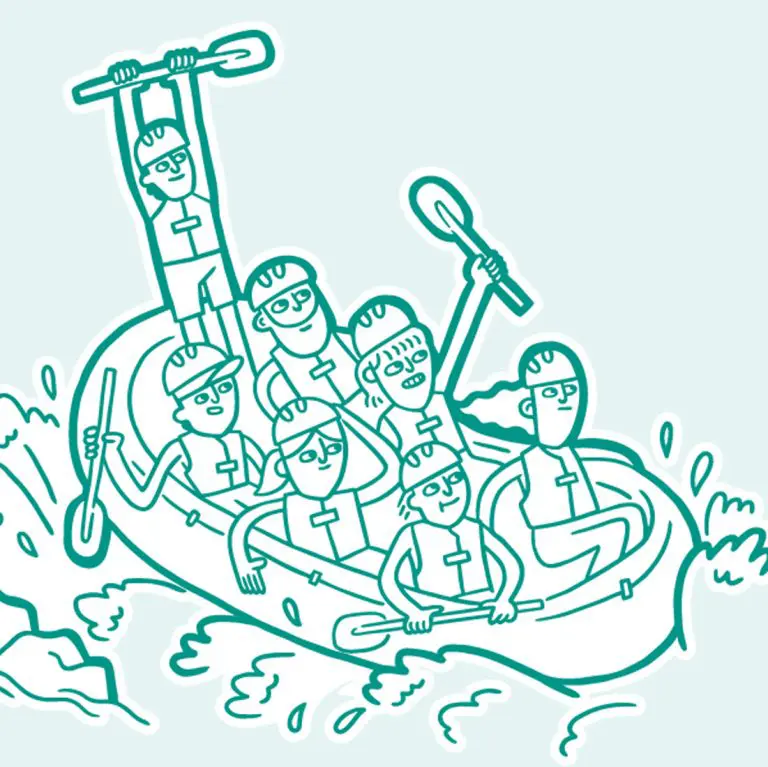 Vector Illustration by Loryn Engelsman of characters white water rafting.