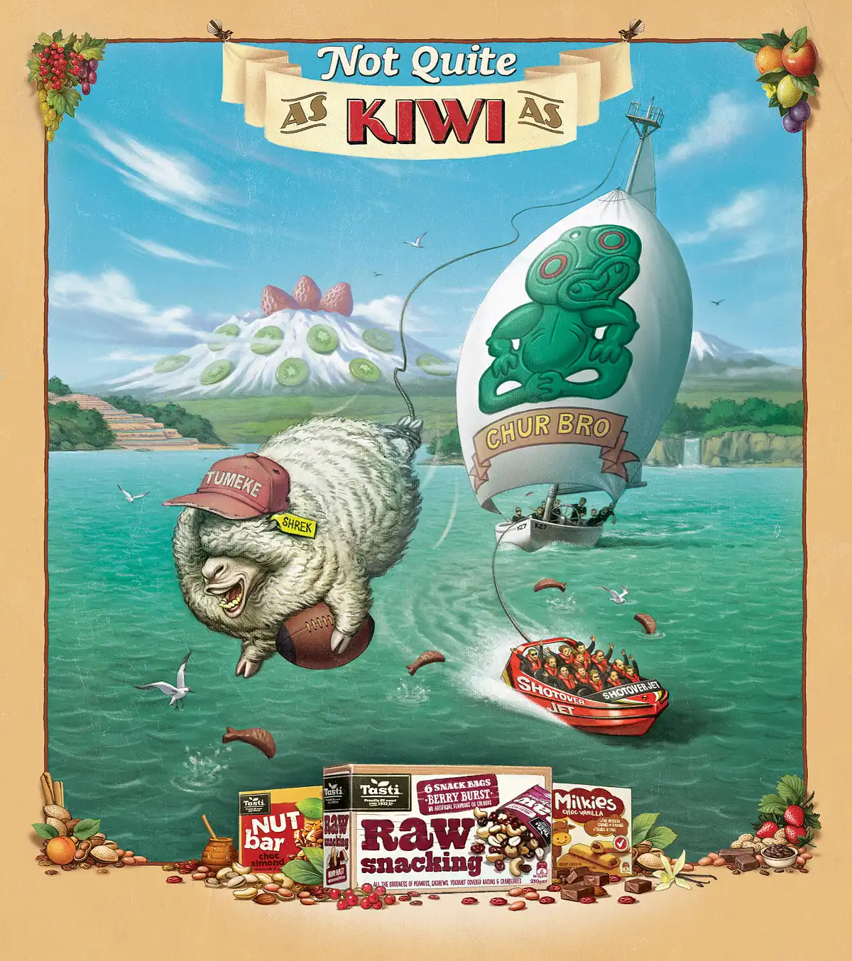 Illustration by illustrator Anton Petrov of a poster for Tatsi Nut Bars.