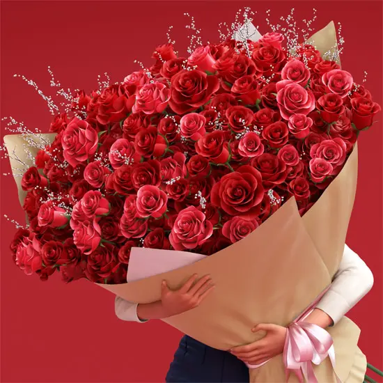 3D image by Courtney Hopkinson of an office lady carrying a huge bouquet of red roses.