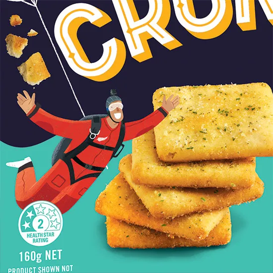 Crop of Eta Crunches Sour Cream & Chives packaging, illustration by Daron Parton.