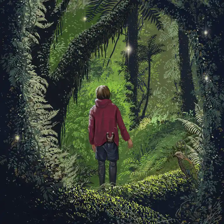 Book cover illustration by Dede Putra for 'Spark Hunter', featuring a character in Fiordland National Park's lush forests.