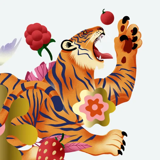 Crop of vibrant tiger illustration with berries, crafted by artist Gee Hale for Round Theory's distinctive wine label packaging.