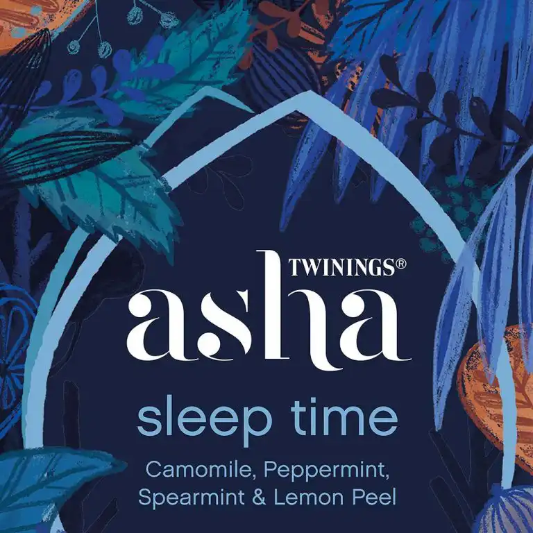 Photograph featuring Twinings ASHA Sleep Time tea, with packaging illustrated by Jo Tronc.