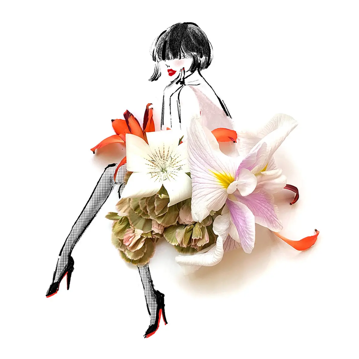 Nozomi Yuasa's mixed media illustration of women wearing dresses made from a collage of fresh flowers.