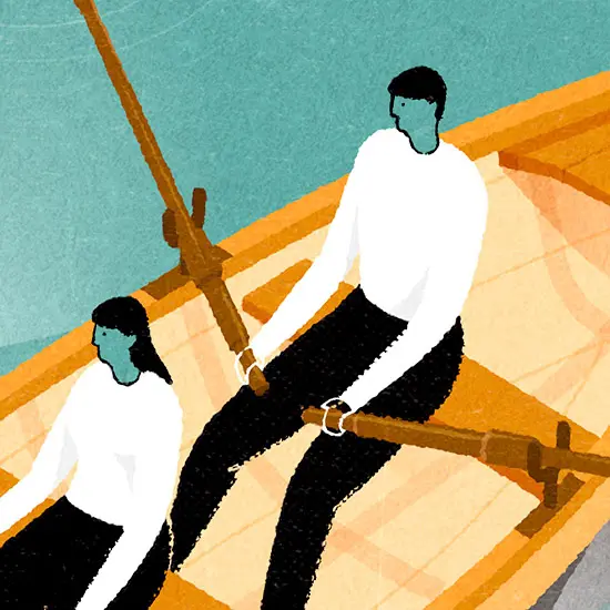 Simon Shaw's conceptual illustration presents a team rowing a boat.