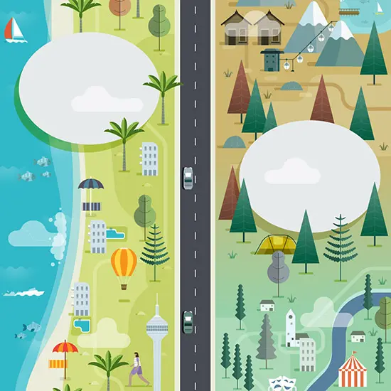 Aerial view vector illustrations by Simon Shaw featuring diverse landscapes and a long road stretching in the middle.