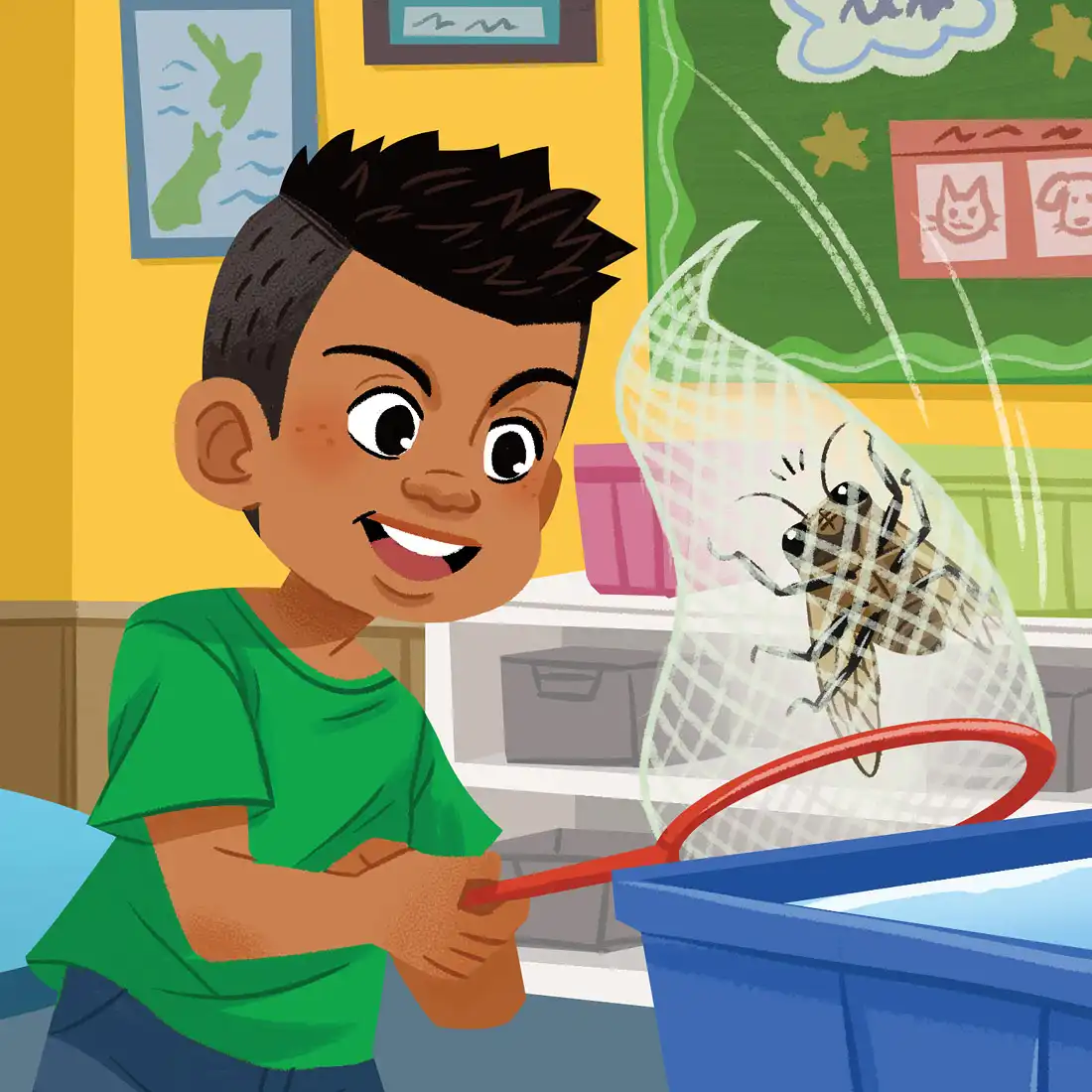 Boy catching a fly, depicted in Stevie Mahardhika's illustration for the Ready to Read Phonic Plus series.