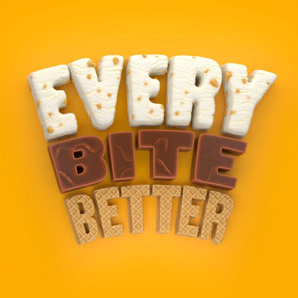 3D typography 'Every Bite Better' by Timo Lenton, styled to mimic Hokey Pokey ice cream, chocolate, and wafers.