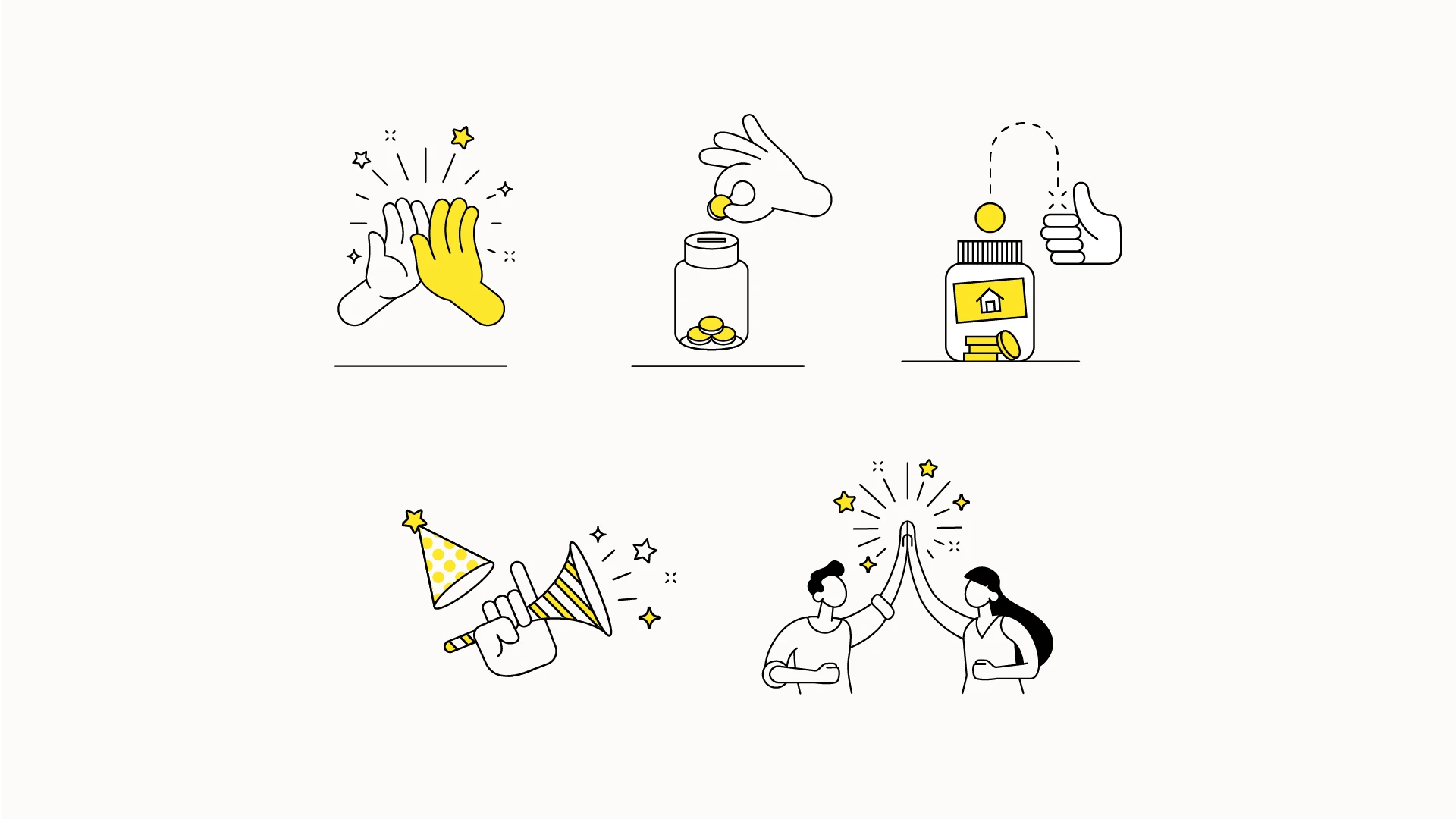 Yellow and black vector icons featuring hands, people and coins created by David Way.