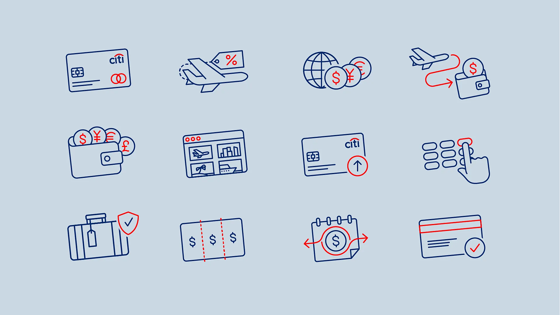 Blue and red vector icons designed around travel and finance, created by David Way.