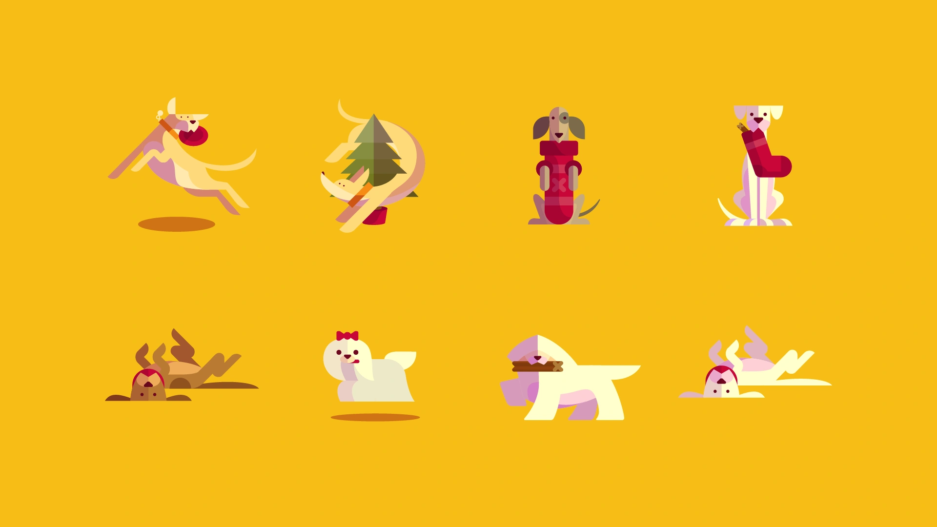 Vector illustrated of dogs and christmas themed icons with a strong yellow tone, created by David Way.