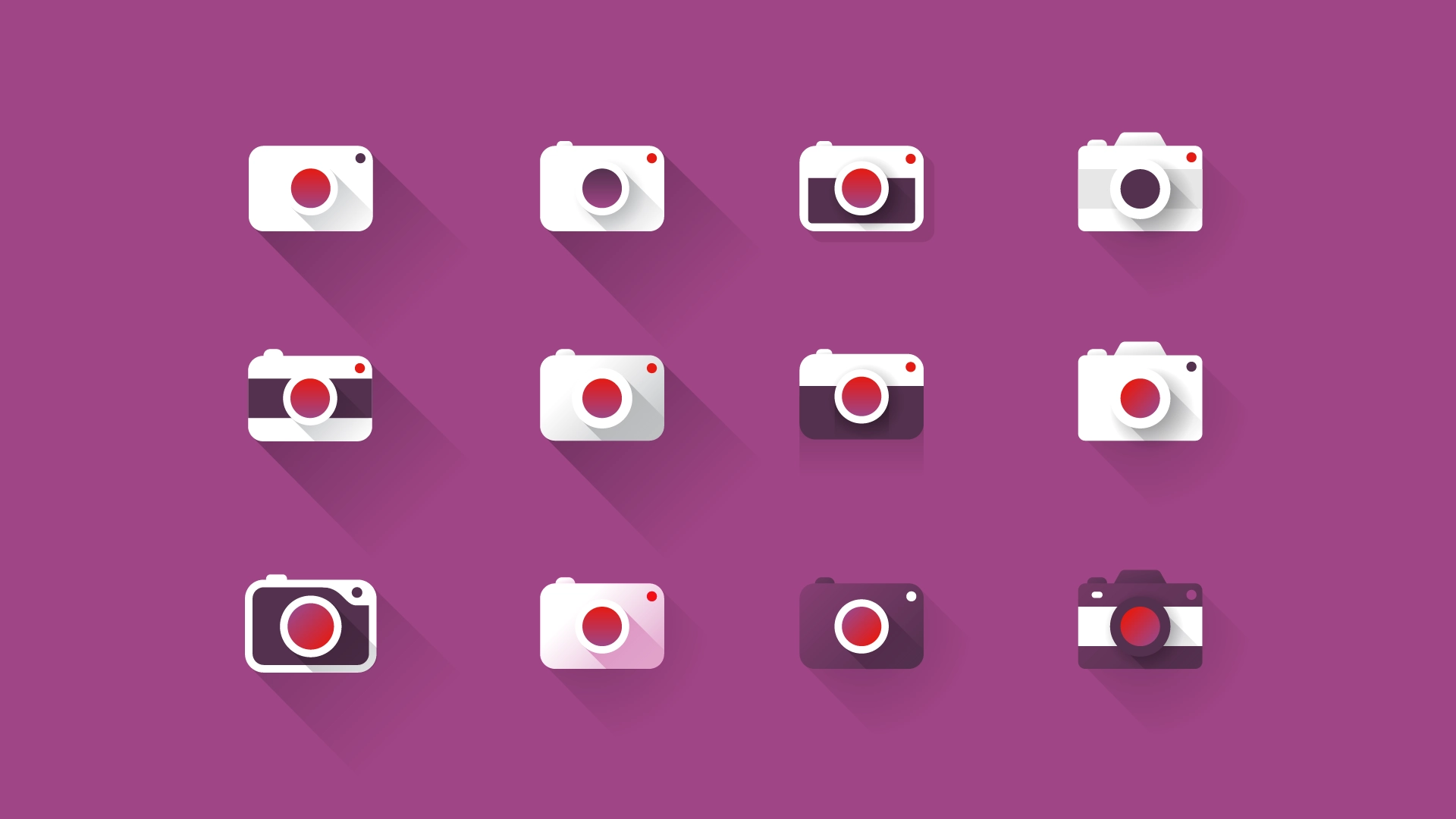 Simple vector illustrated icons of colours with a strong red and purple palette, created by David Way.