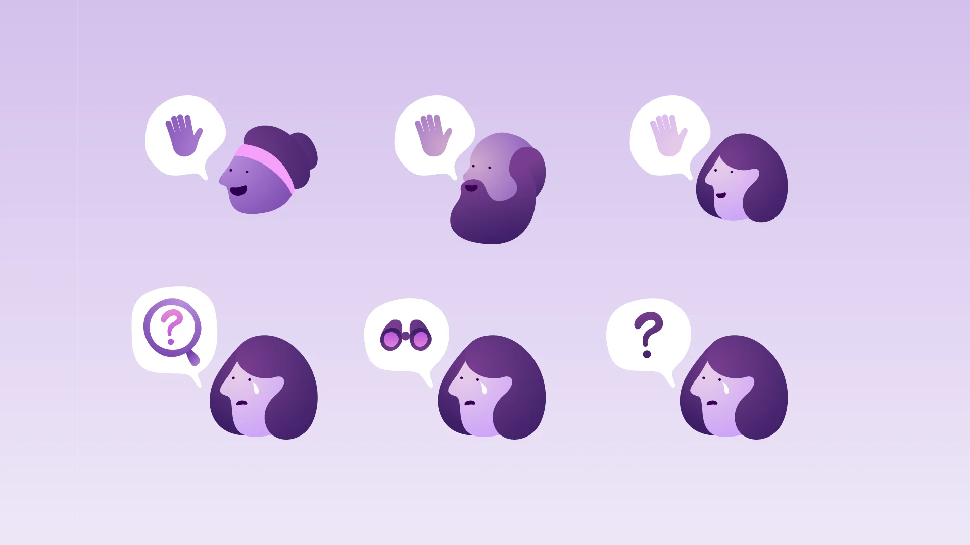 Vector illustrated character heads with speechbubbles with a strong purple palette, created by David Way.