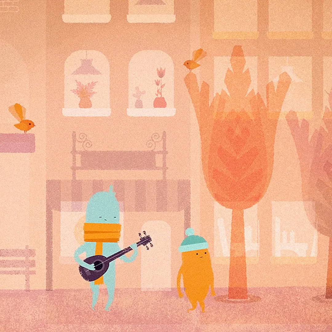 Two characters on a city street, with one playing a guitar, illustrated by the Watermark Creative team.