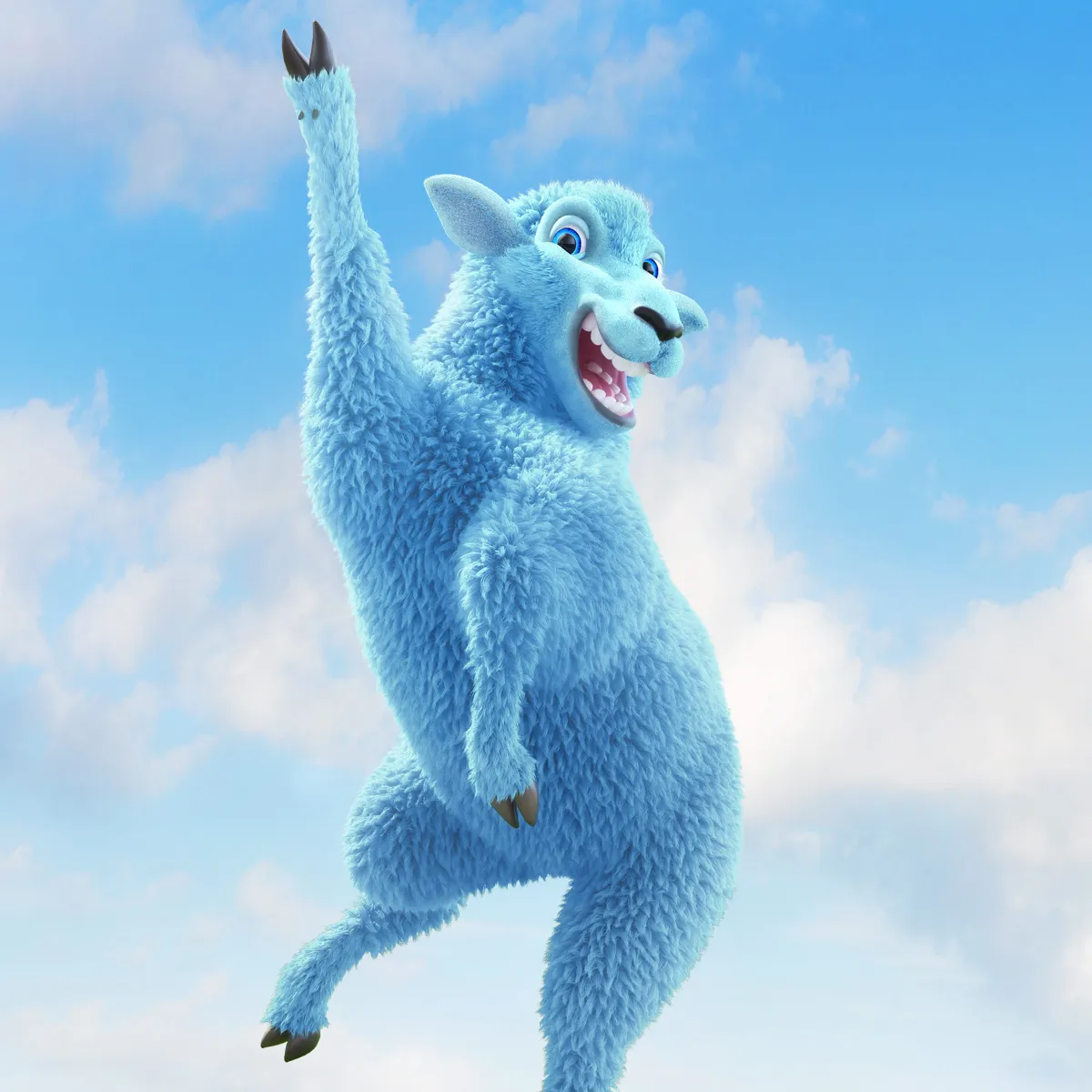 Sheep 3D character with blue wool jumping for joy in the air