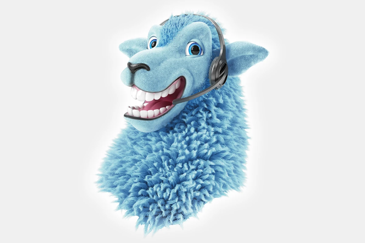 Sheep 3D character with blue wool with phone headset on head