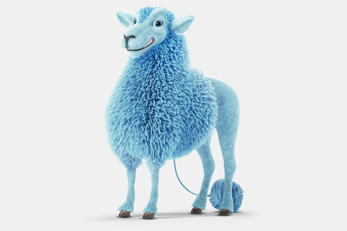 Sheep 3D character with blue wool with ball of yarn