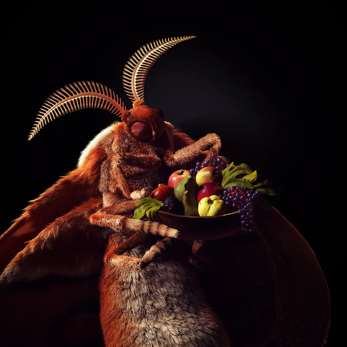 3D realistic moth in Caravaggio chiaroscuro style holding fruit bowl