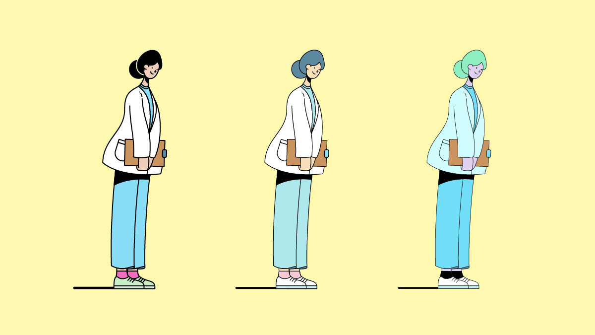 3 concept vector illustrations of a young nurse with a clipboard in a pastel colour palette by artist David Way.