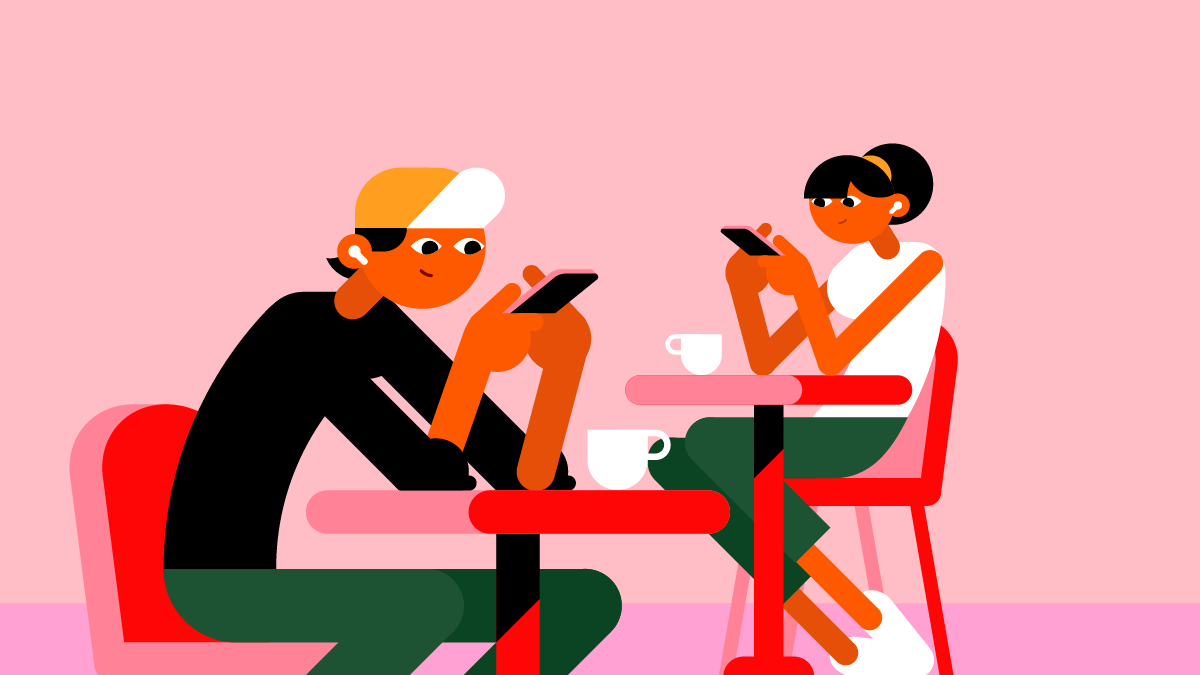 Illustration of two young people sitting at tables using their phones in a simple vector style with strong shapes by artist David Way.