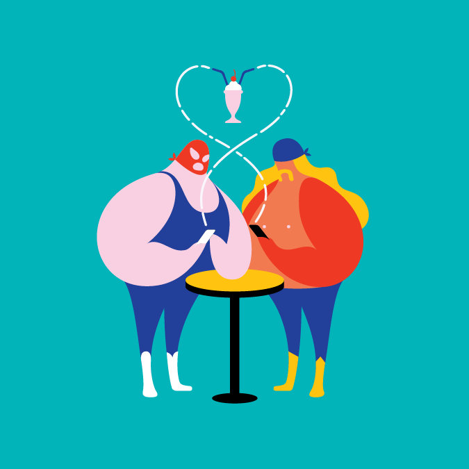 Two wrestlers in a simple vector style standing around a table on their phones, sharing a milkshake, illustration by artist David Way.