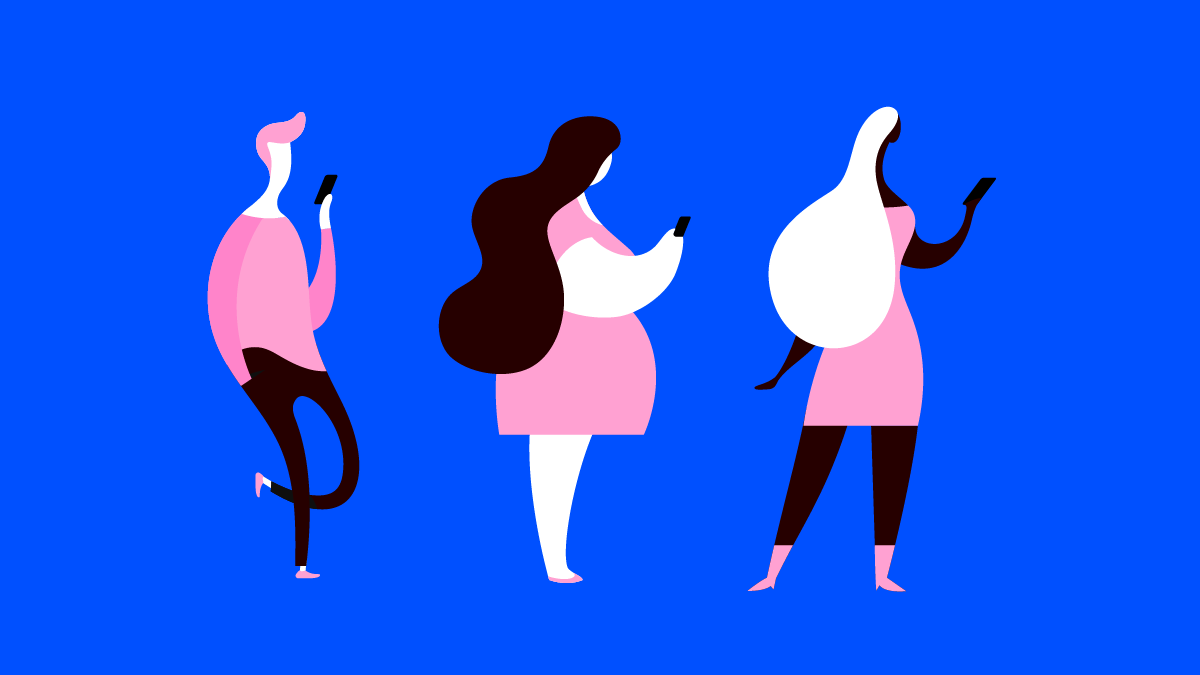 3 concept illustrations of people using their phones, a man and two women by artist David Way.