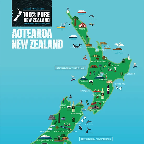 100% Pure New Zealand Map artwork by Yulia Vysotskaya, featuring a variety of icons