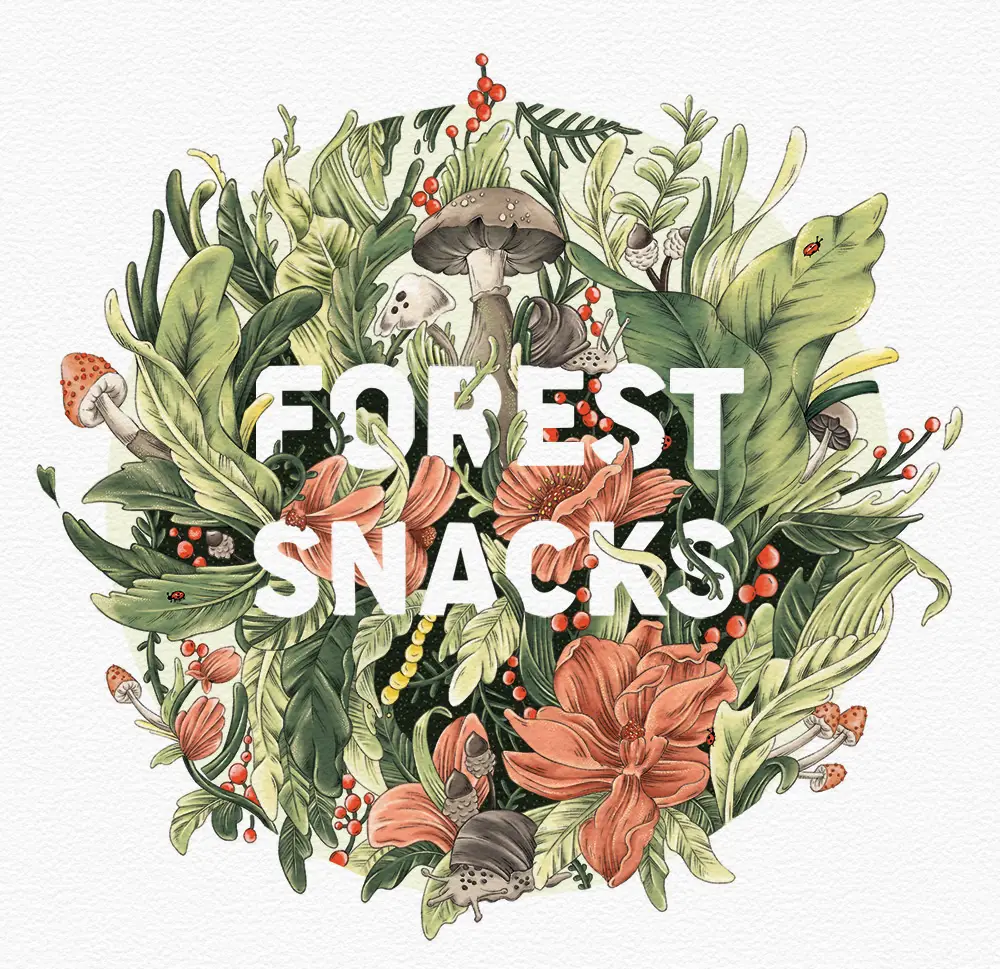 Botanical Illustration around the text "Forest Snacks" by Zoe Gillett