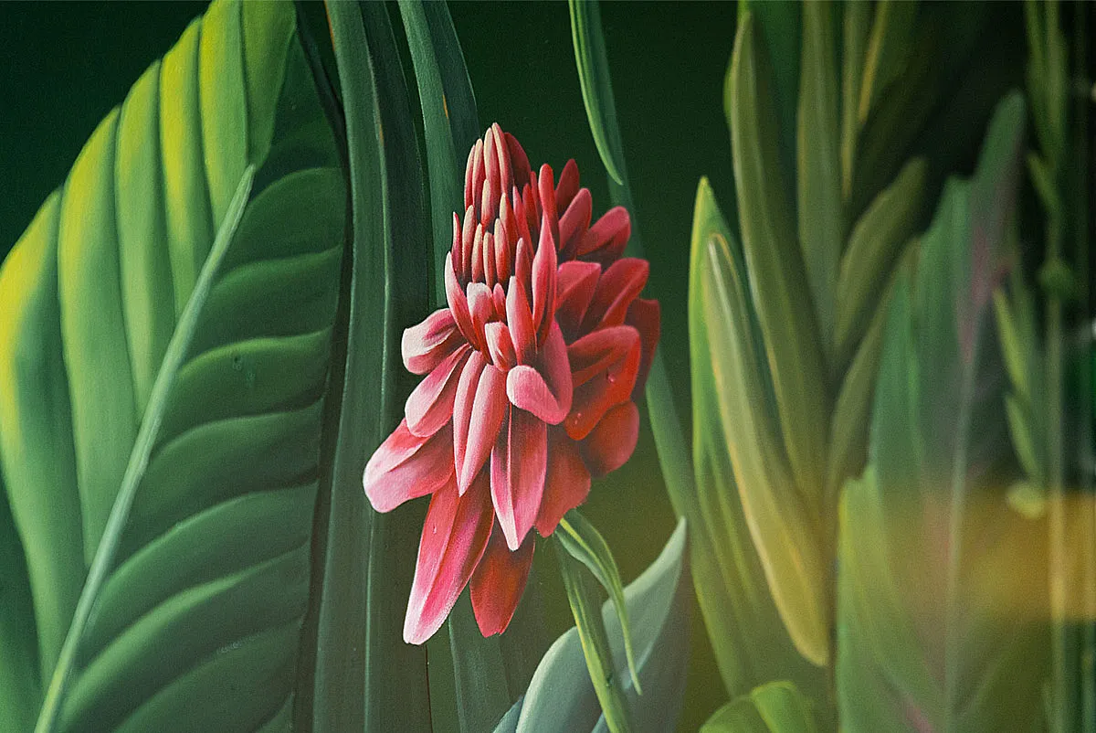 Close up of botanical mural for Wellington Zoo by Zoe Gillett and Pippa Keel