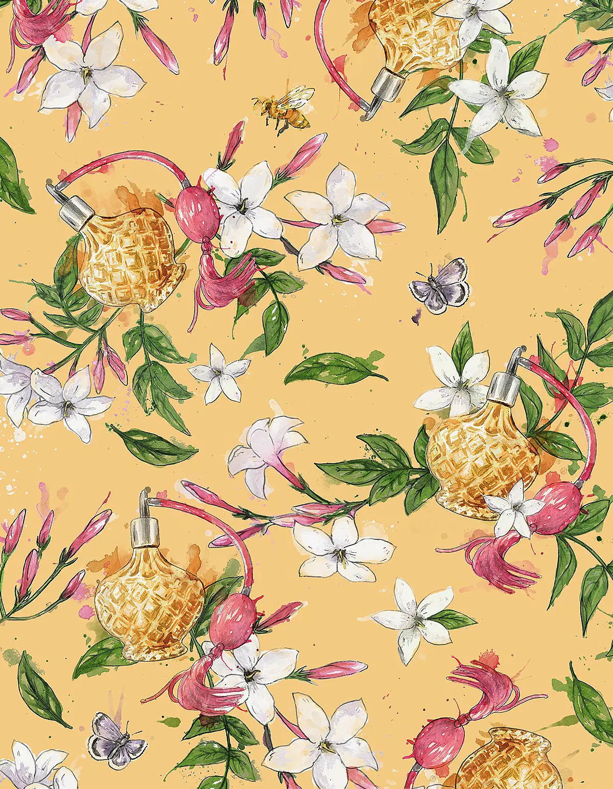 A watercolour seamless pattern made of perfume bottles and jasmine flowers by Elise Martinson