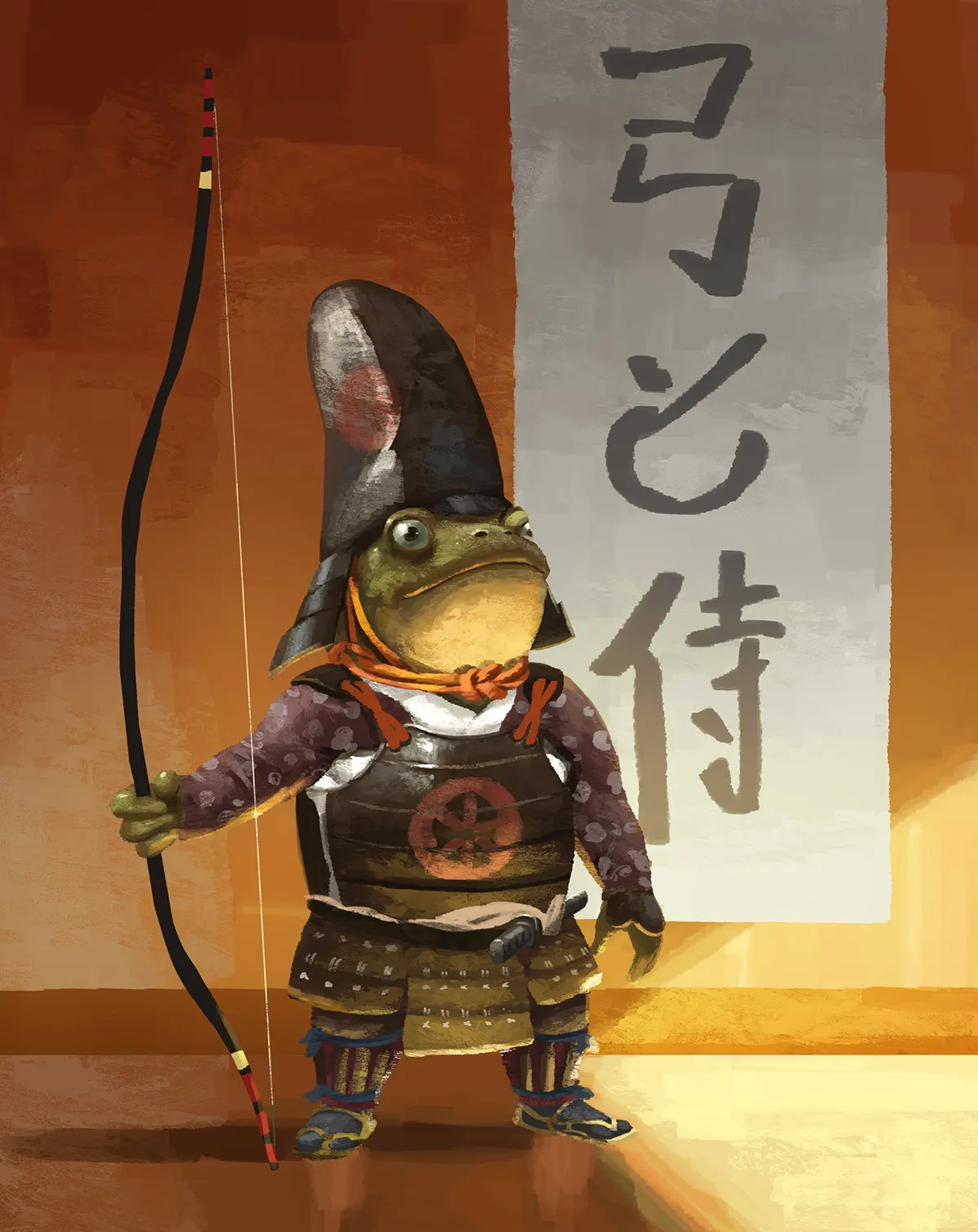 A frog samurai archer painted in cartoon style by Joseph Qiu.