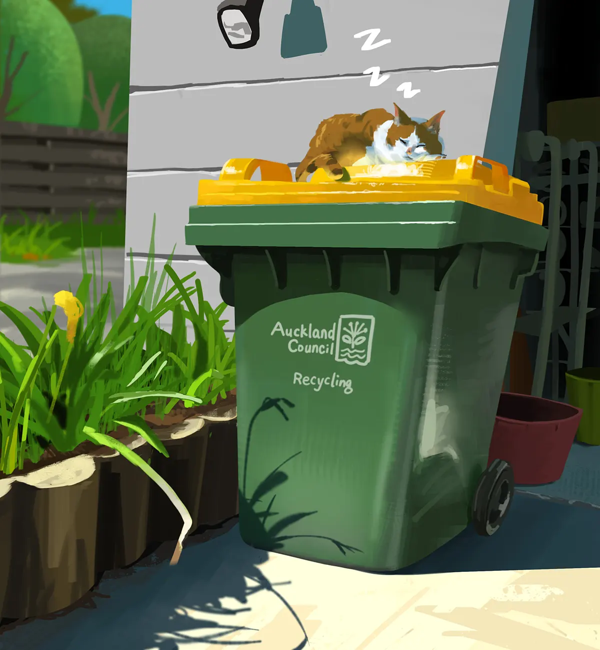 Stylised illustration by Joseph Qiu showing a cat sleeping on the recycle bin in a sunny day.