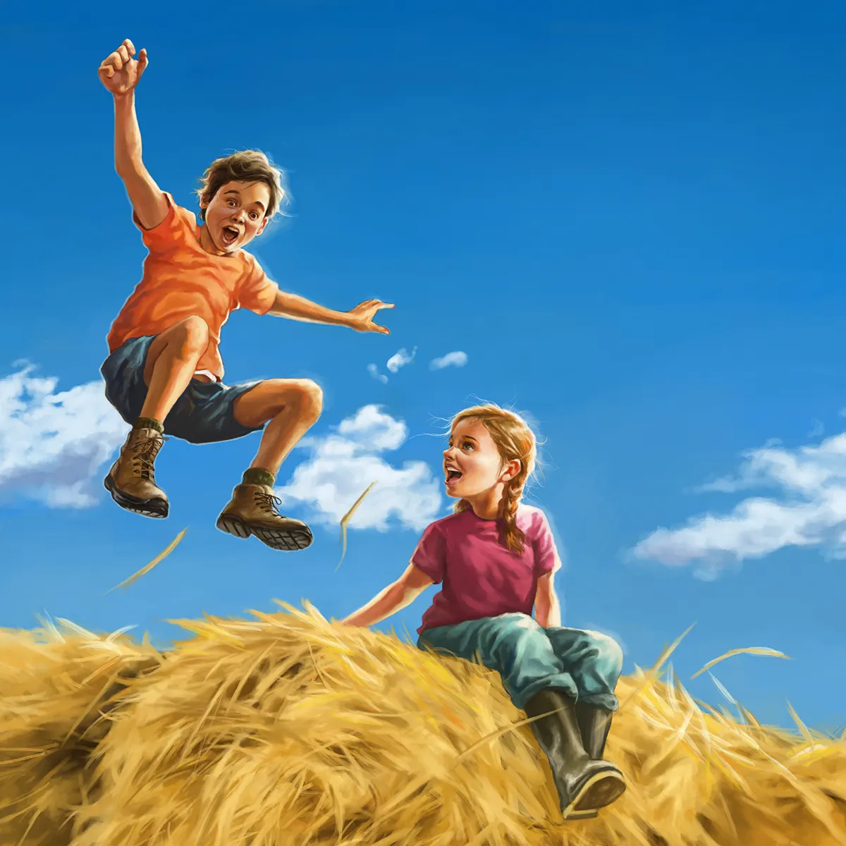 Realistic painterly style illustration by Joseph Qiu showing 2 kids playing in a farm. The girl is sitting on a hay and the boy is jumping.