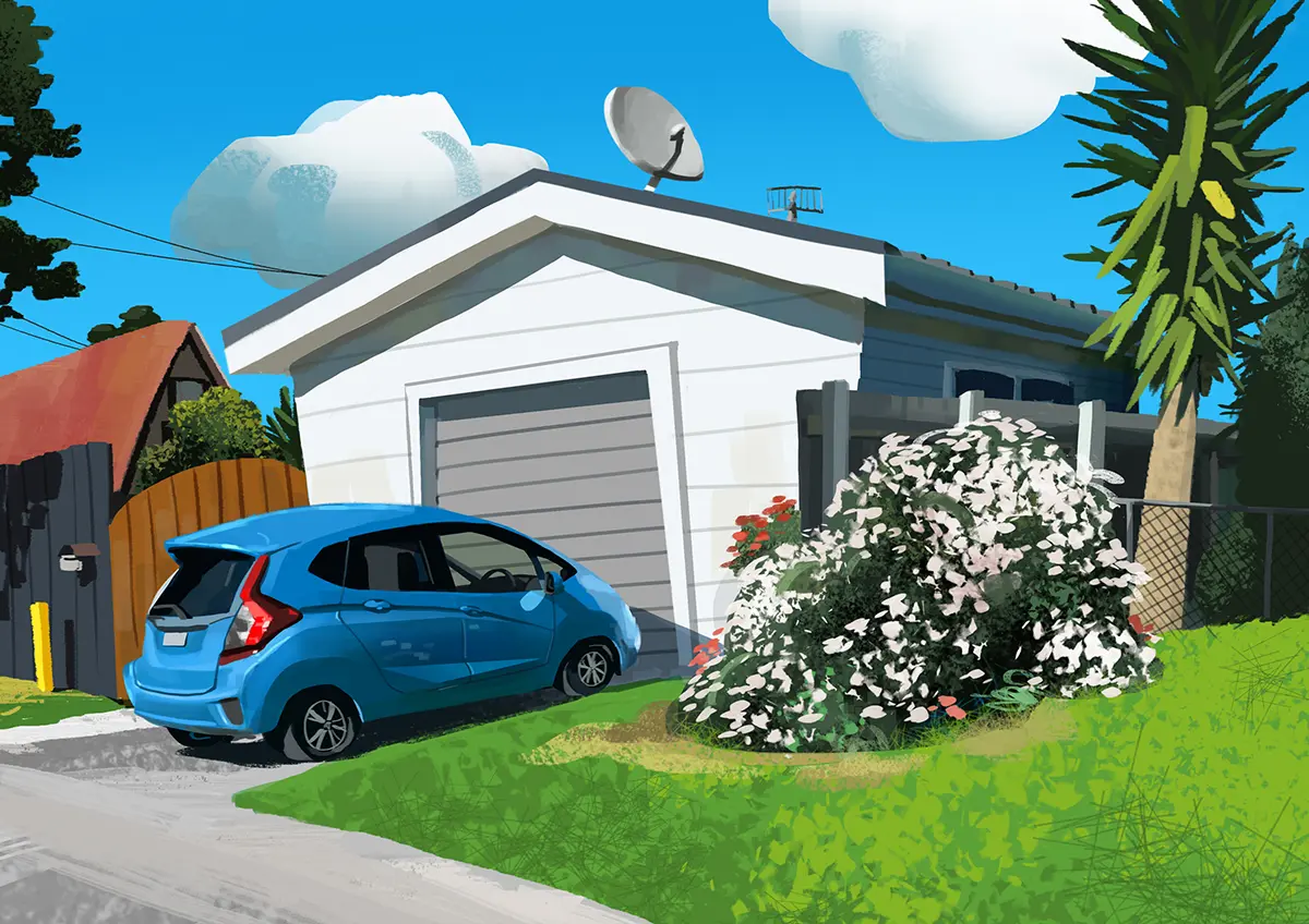 stylised illustration by Joseph Qiu showing a blue car parked outside the garage in a sunny day.