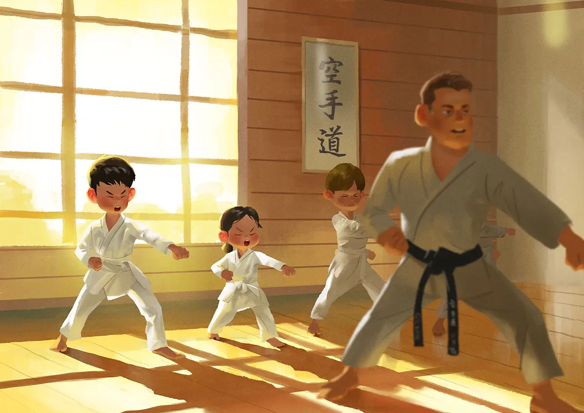 Cartoon style illustration by Joseph Qiu showing kids learning karate inside a dojo.